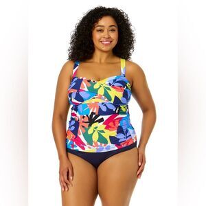 Anne Cole Tropic Stamp Twist Front Bandeaukini Swim Top 36DD Multicolor New WTag